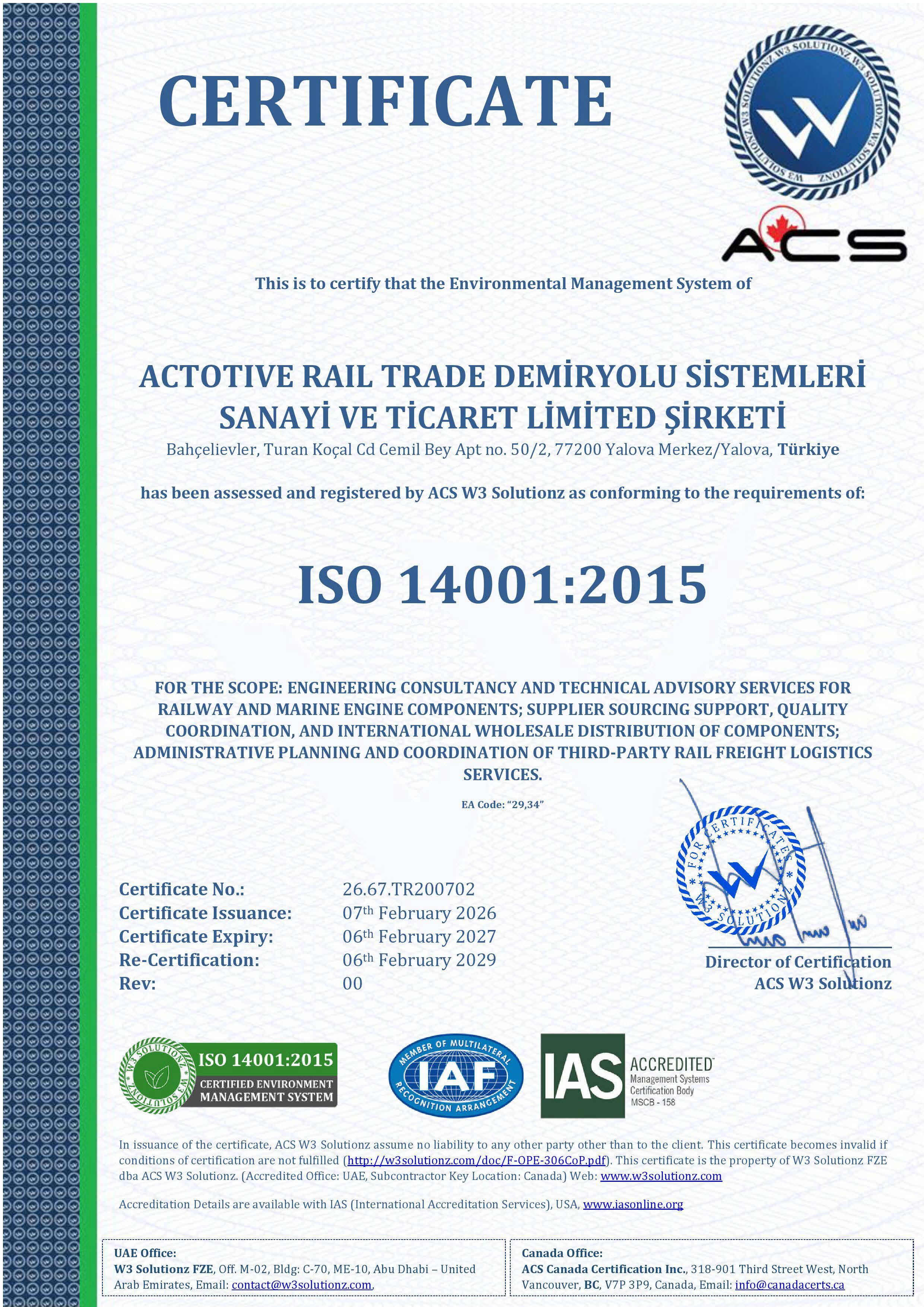 Actotive ISO 14001:2015 Environmental Management System Certificate - IAS IAF Accredited