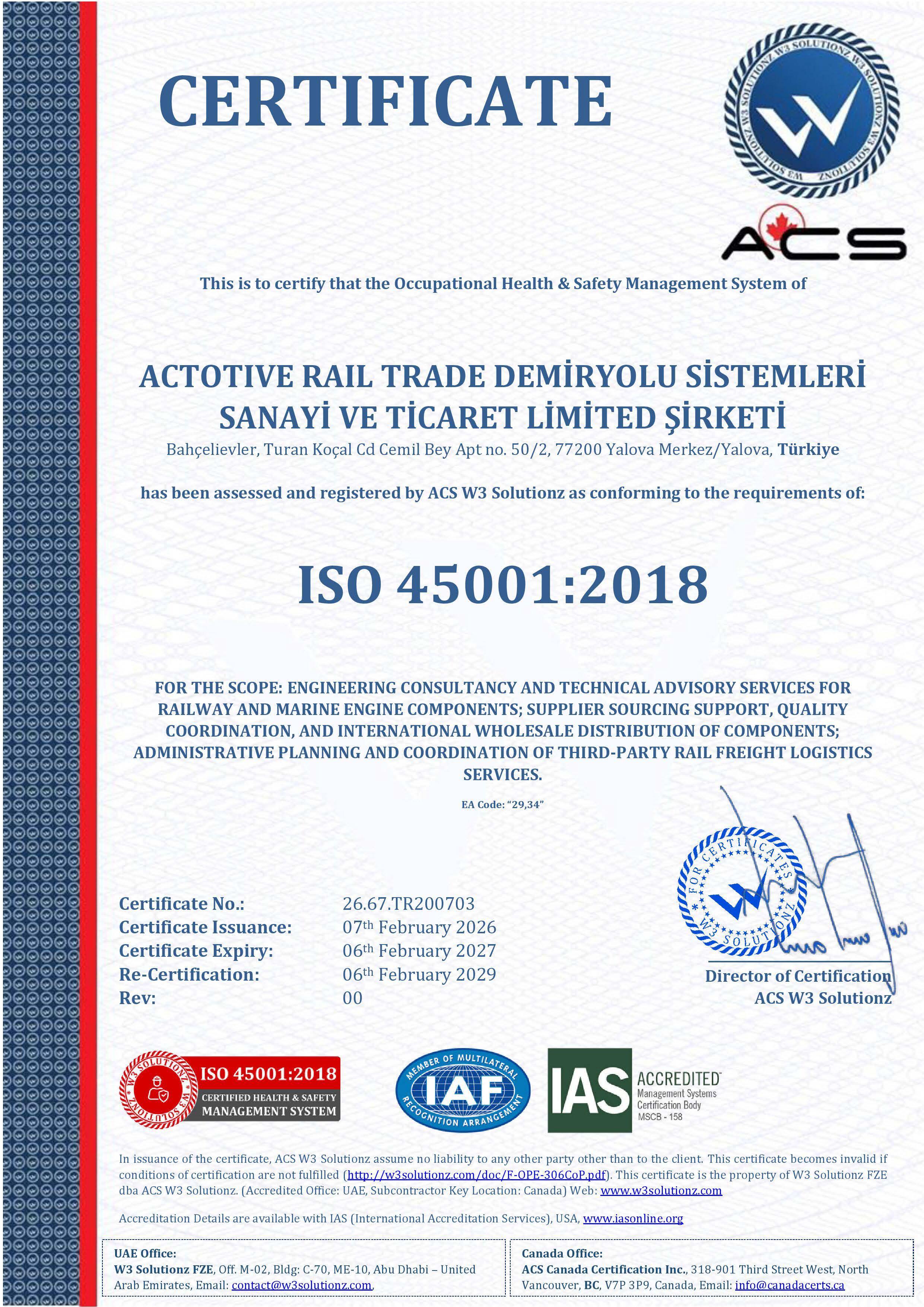 Actotive ISO 45001:2018 Occupational Health and Safety Management System Certificate - IAS IAF Accredited