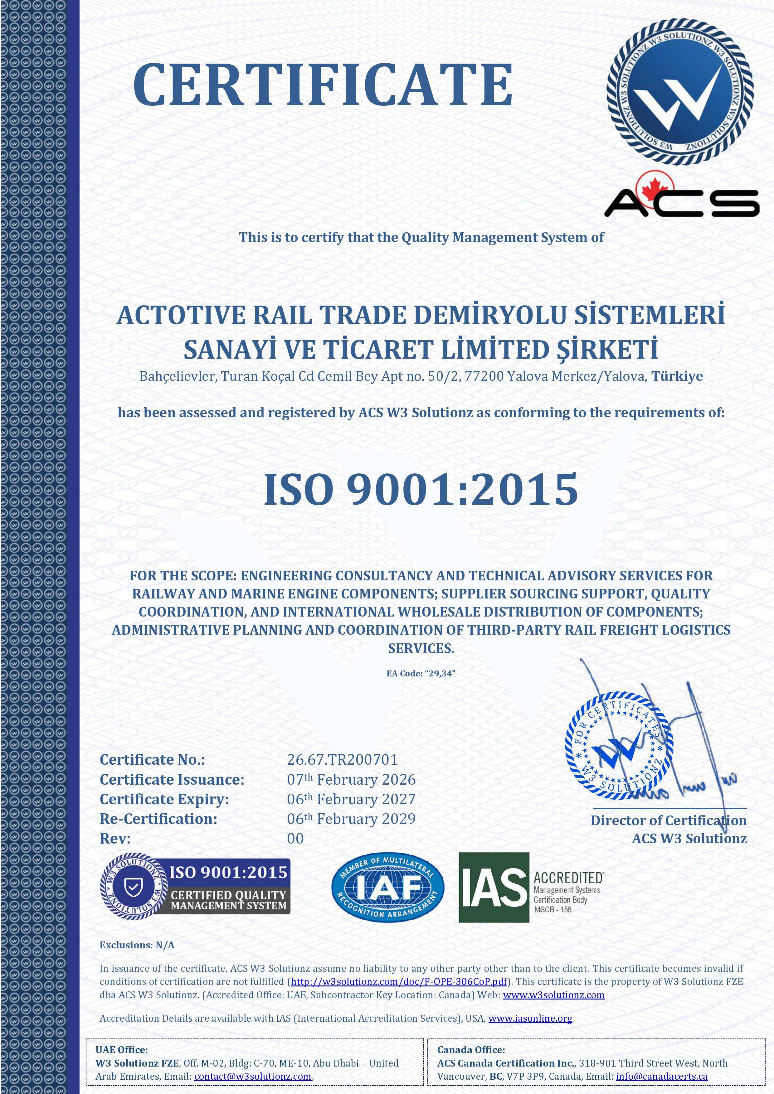 Actotive ISO 9001:2015 Quality Management System Certificate - IAS IAF Accredited